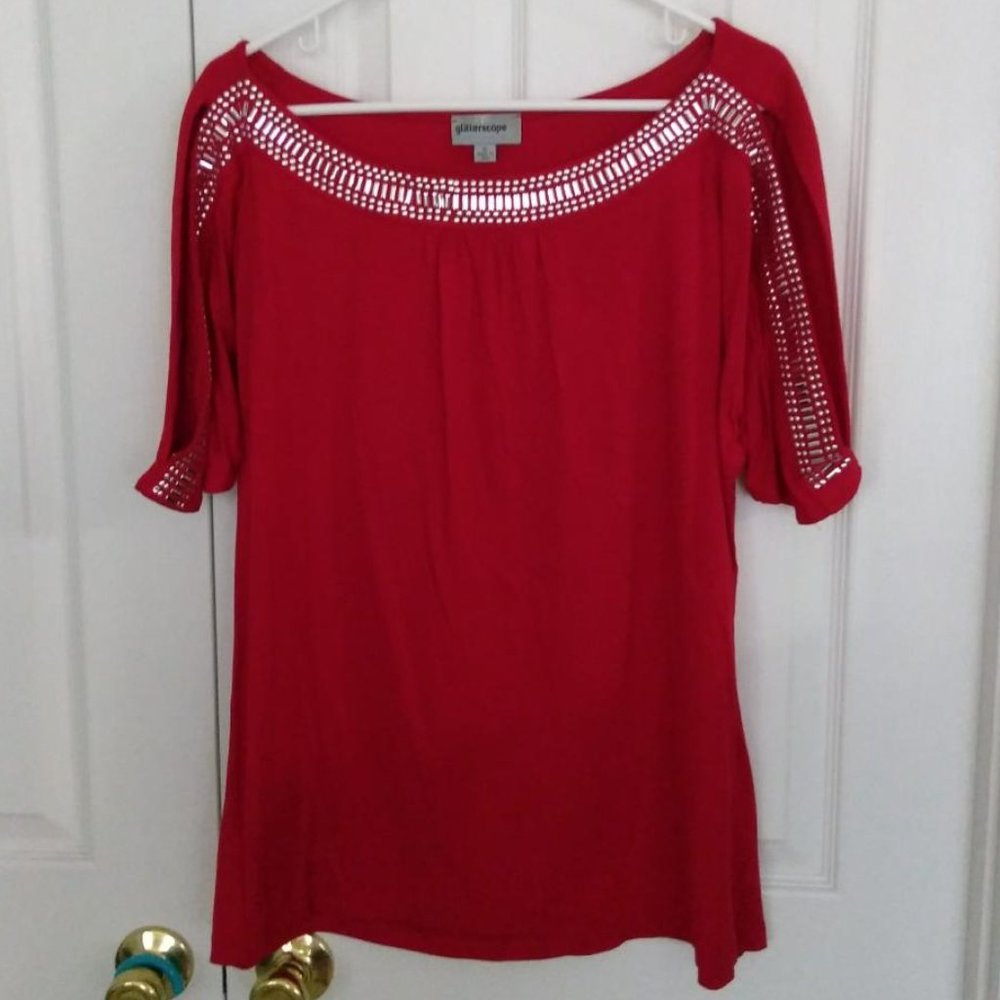 Elbow Sleeve Knit Top with Jewels & Cold Shoulders